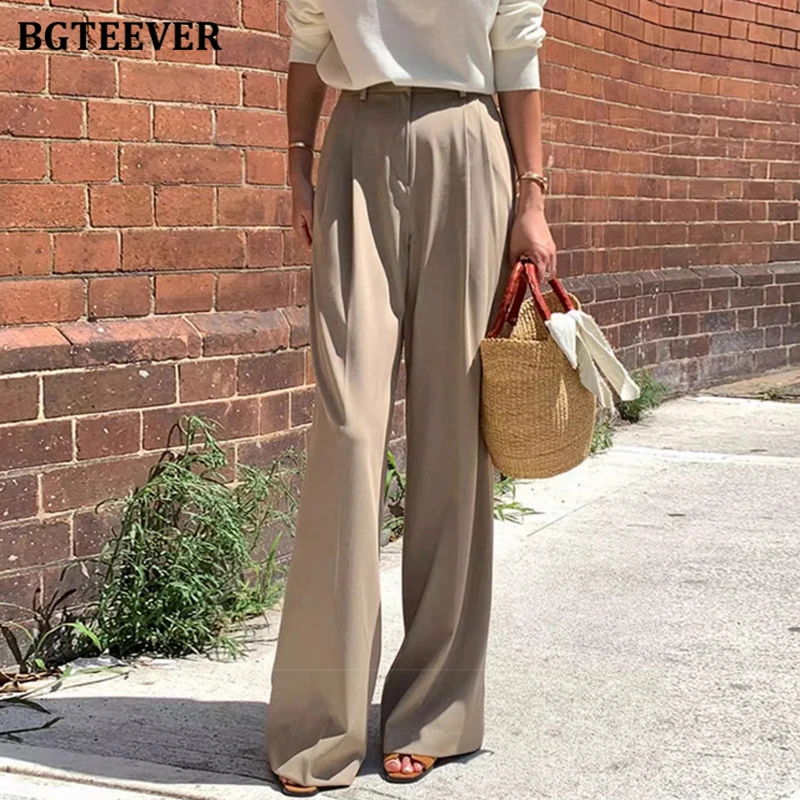 

BGTEEVER Casual Loose Female Pockets Wide Leg Suit Pants Spring Summer High Waist Stylish Ladies Floor-Length Trousers