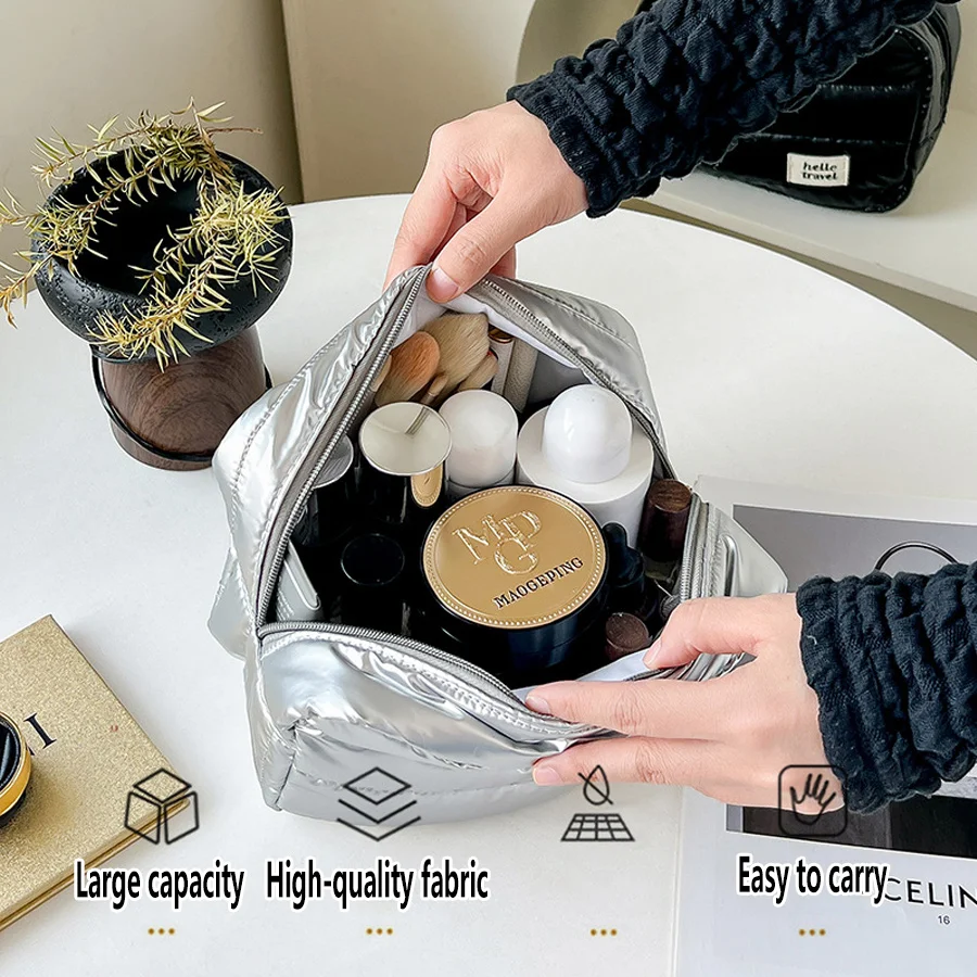 حقيبة مكياج منتفخة مقاومة للماء، قماش عصري ومتين، حقيبة مكياج ذات سعة كبيرة وحقيبة تخزين أدوات الزينة للسفر،