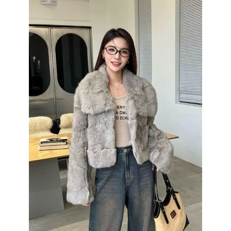

New Heavy Rabbit Fur Women's Jacket Simple Commuting Short Thermal Lapel Shows Rabbit Fur Texture High Appearance Level Coat