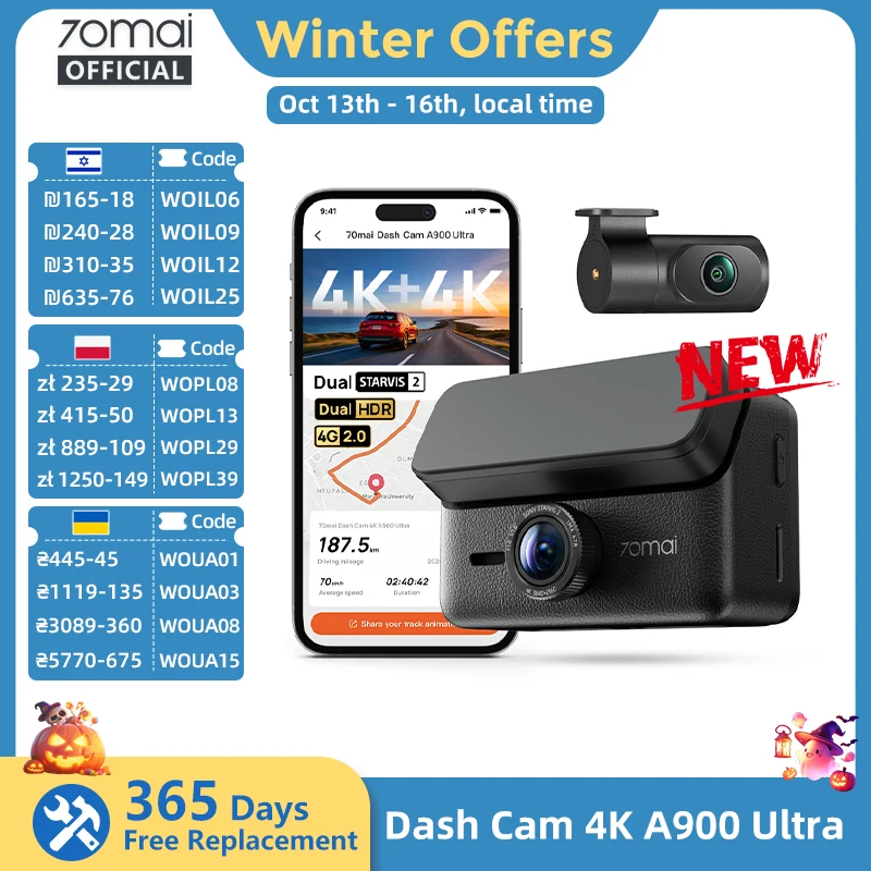 【New】70mai Dash Cam Dual 4K A900 Ultra Set IMX678+IMX678 Voice Control LVDS Supercapacitor 4G 2.0 Car DVR 70mai A900 Ultra Set
