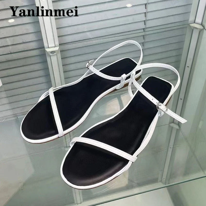 Summer Sandals Woman Genuine Leather Narrow Band Party Shoes Holiday Casual Comfort Flat Sandals Sandals Women Sandalias Mujer