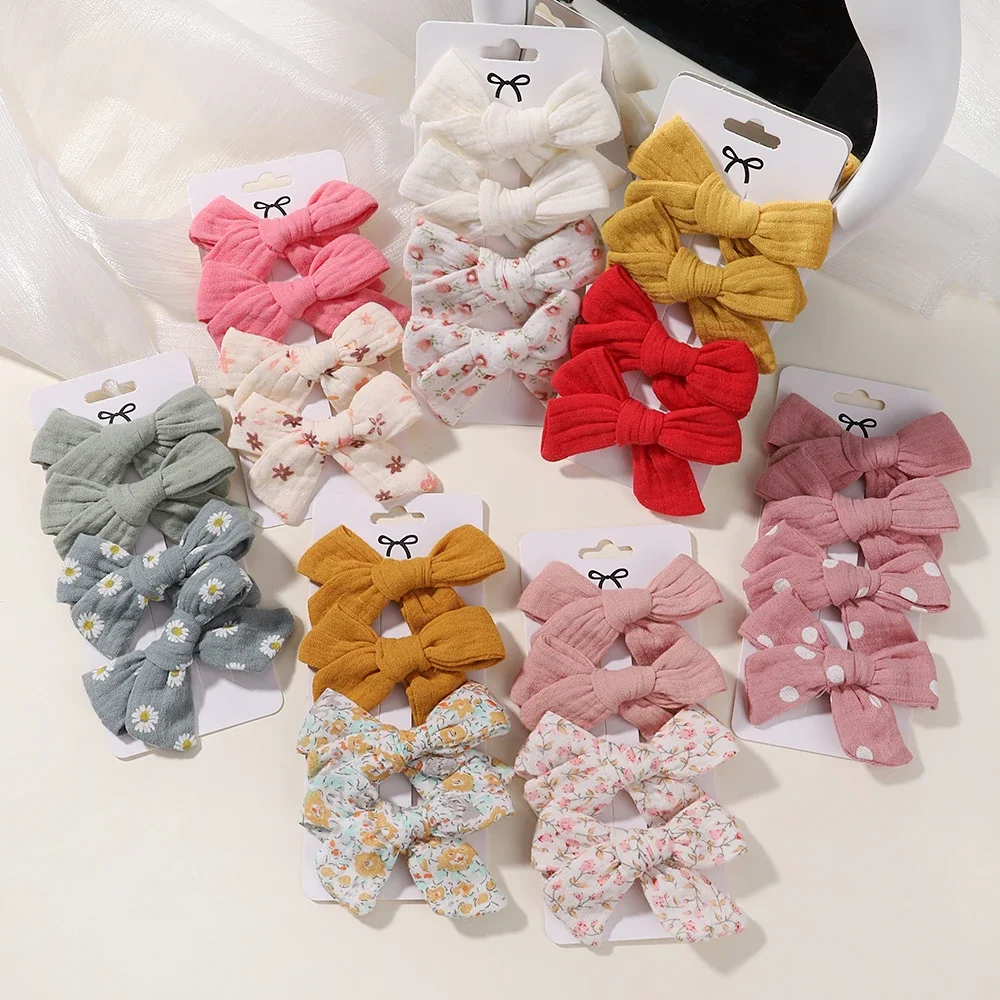 4PCS/Set Baby Bows Hair Clips Muslin Girls Hairpins Hairclip For Kids Cotton Linen Barrette Flower Print Side Pin Accessories