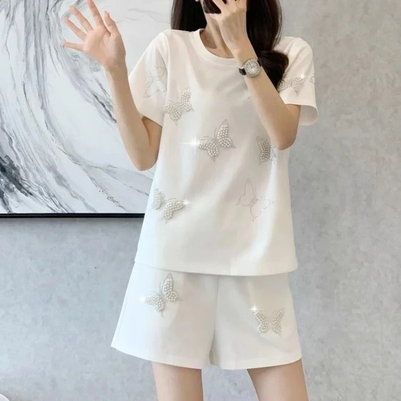 

Pearl Women's Short Sets 2 Pieces White Party Straight Luxury New Coordinated Novelty In Korean Style Matching Kit Female Shorts