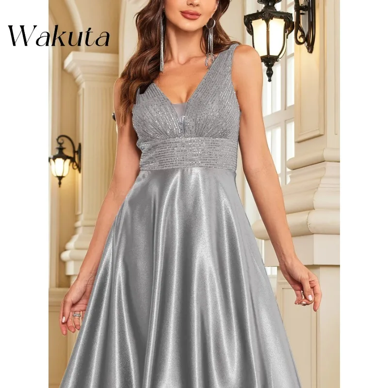 Wakuta-Deep V-neck cetim Prom Robe, mangas, até o chão, A-Line, dama de honra, Wedding Party, Sexy