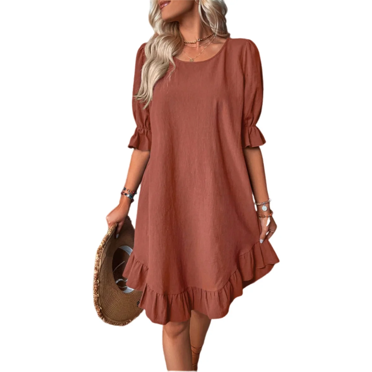 

Solid Puff Sleeve Ruffle Hem Smock Round Neck Loose Ruched Beach Short Dress Embroidered Red M