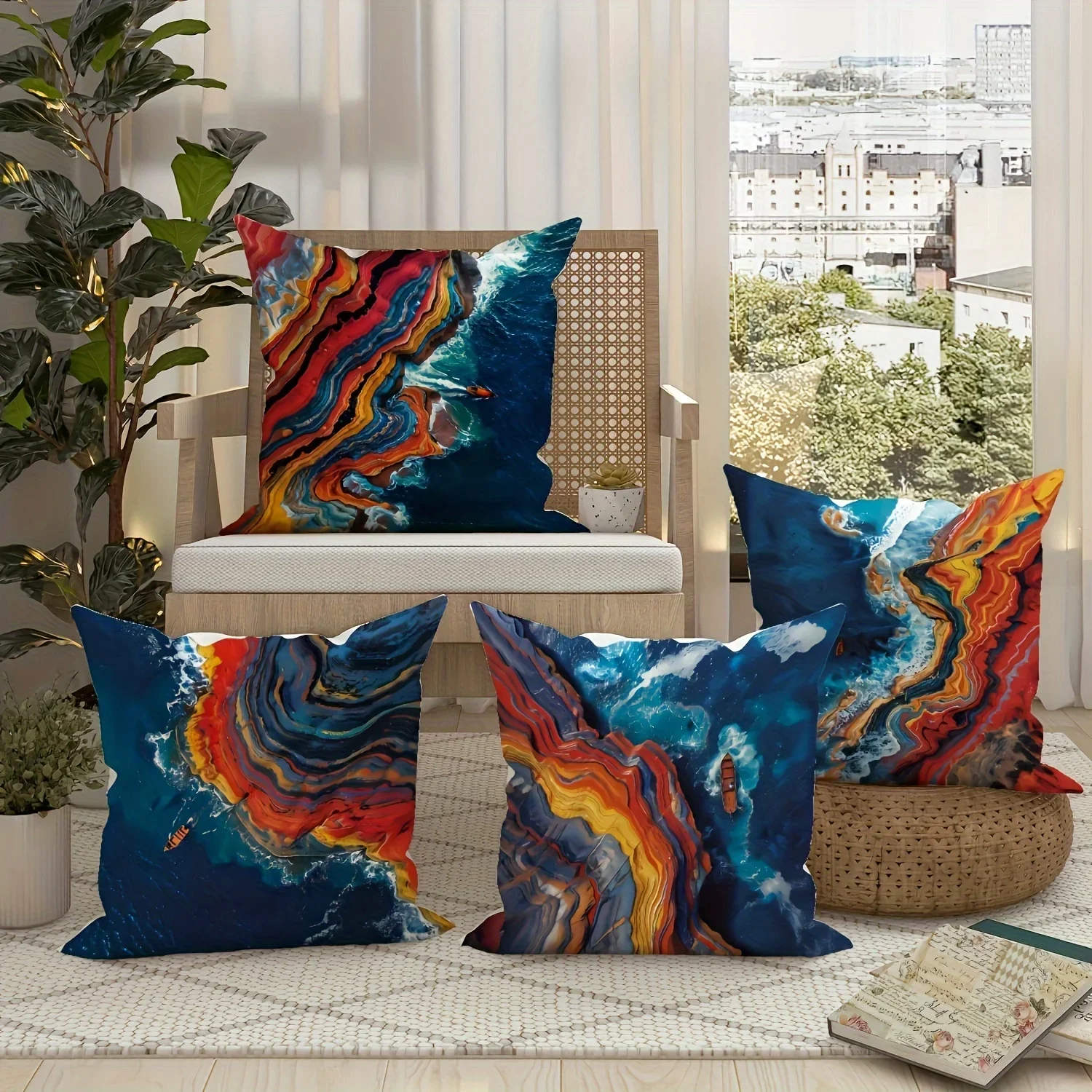 Red coastline blue coast decorative pillowcase, ultra-soft polyester living room sofa back car pillowcase decoration