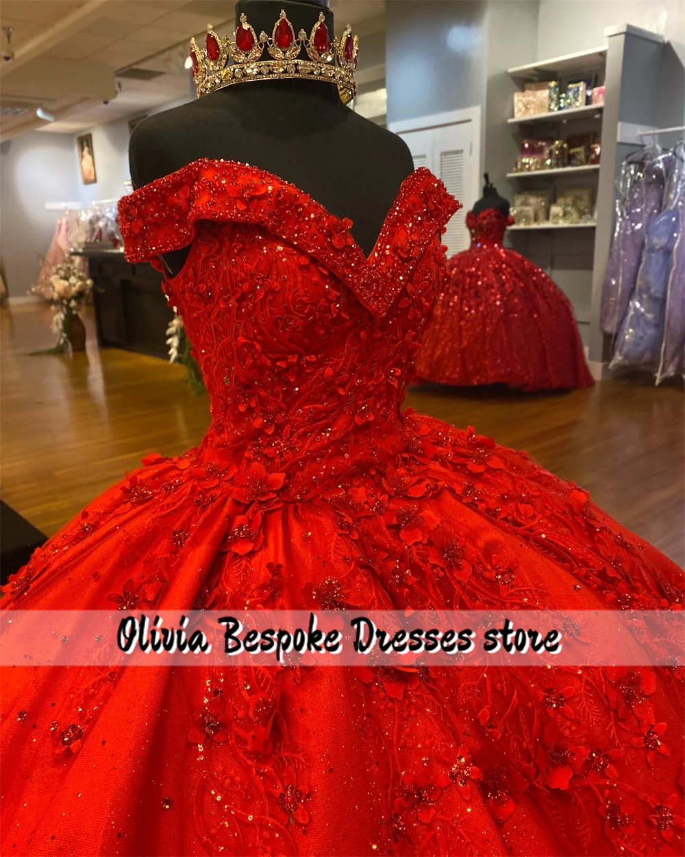 カスタマイズされた裸の肩のキンセアニェーラのドレス,真珠の花柄のボールガウン,赤,メキシコの結婚披露宴のドレス,魅力的