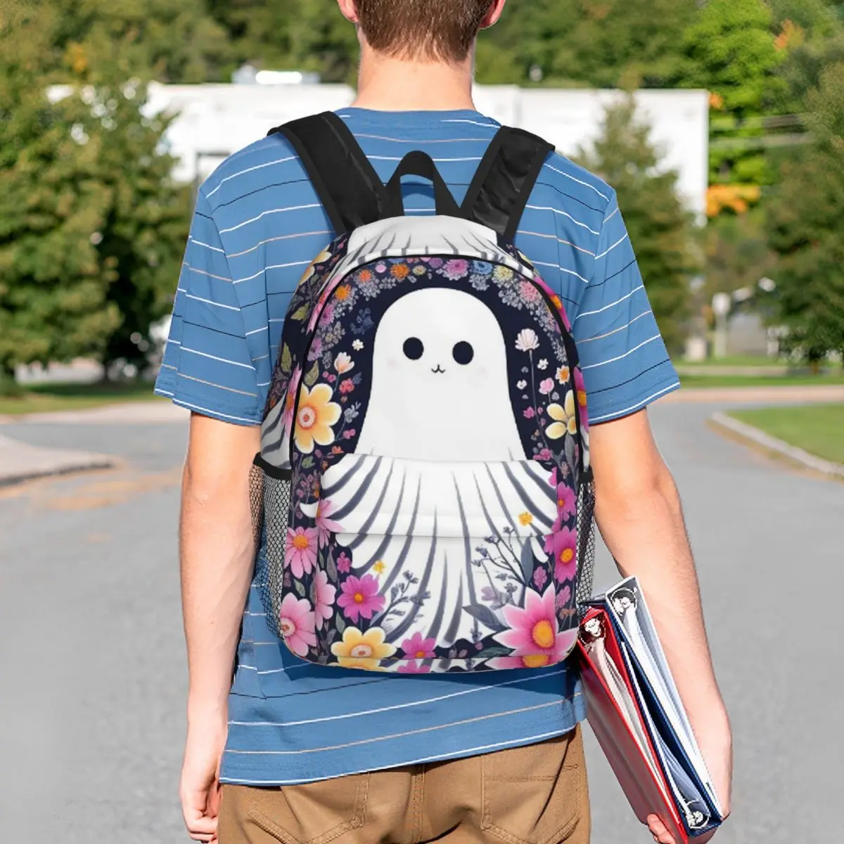 Cute Ghost Surrounded By Wild Flowers Backpack Student BookBag Kids School Bag Laptop Shoulder Bags for Boys Girls