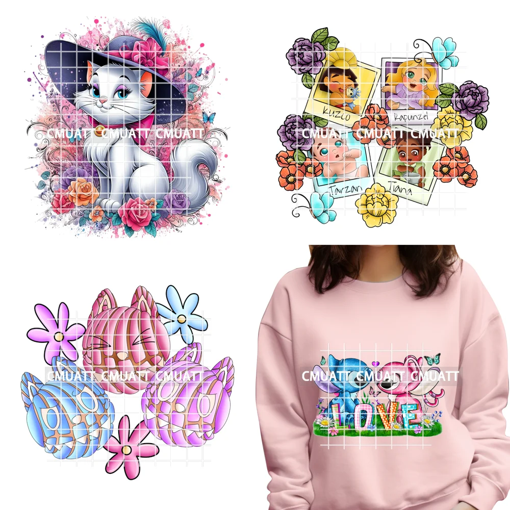 

Cartoon Floral Cat Animal Love Baby Kids Princess Printing Iron on DTF Thermal Transfers Stickers Ready to Press for Clothes