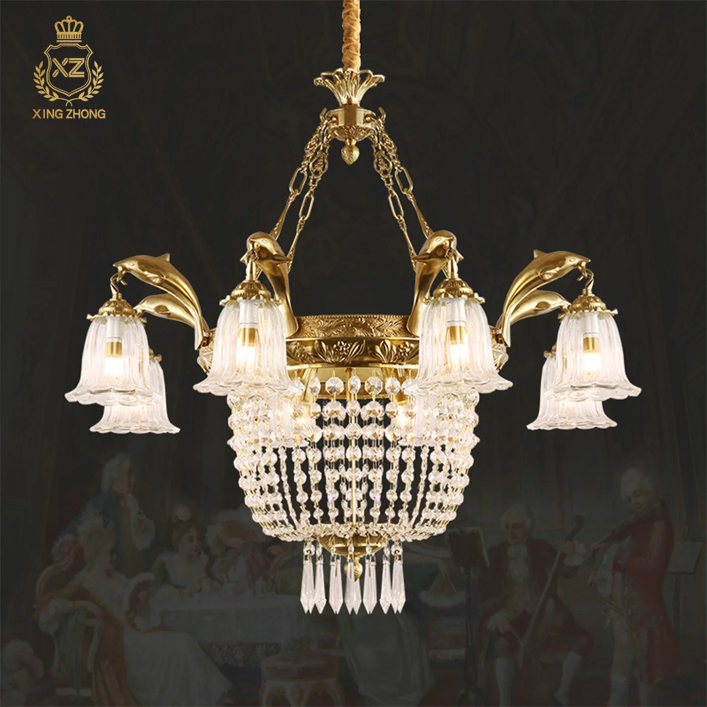 European Neo Classic Art Dolphin Design Living Room Dining Room Brass Chandelier Apartment Hotel Luxury Crystal Pendant Light