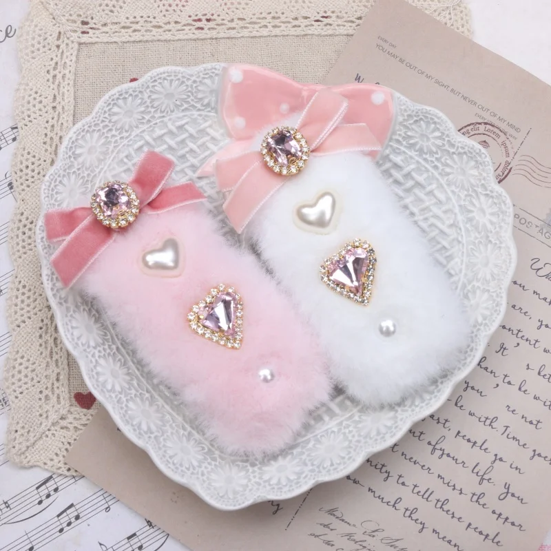 Нежная плюшевая заколка для волос Kawaii Jirai Kei, заколка для волос в японском стиле, милые женские заколки со стразами в стиле Лолиты, аксессуары для девочек