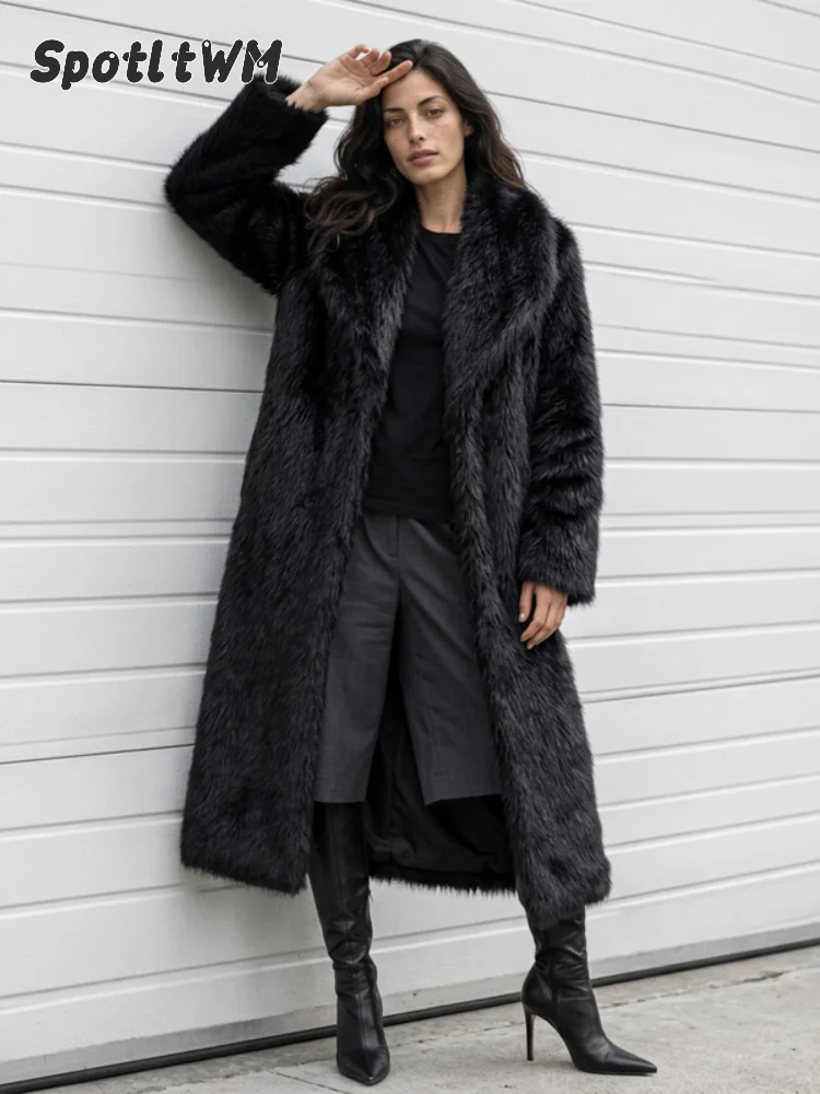 Black Faux Fur Soft Wide Collar Open Front Pocket Women Long Coats Chic Long Sleeve Warm Jackets Winter Daily Street Outerwear