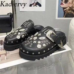 Black White Thick Sole Slippers Women Genuine Leather Metal Rivets Flat Mules Shoes Woman Summer Slides Modern Slippers Woman