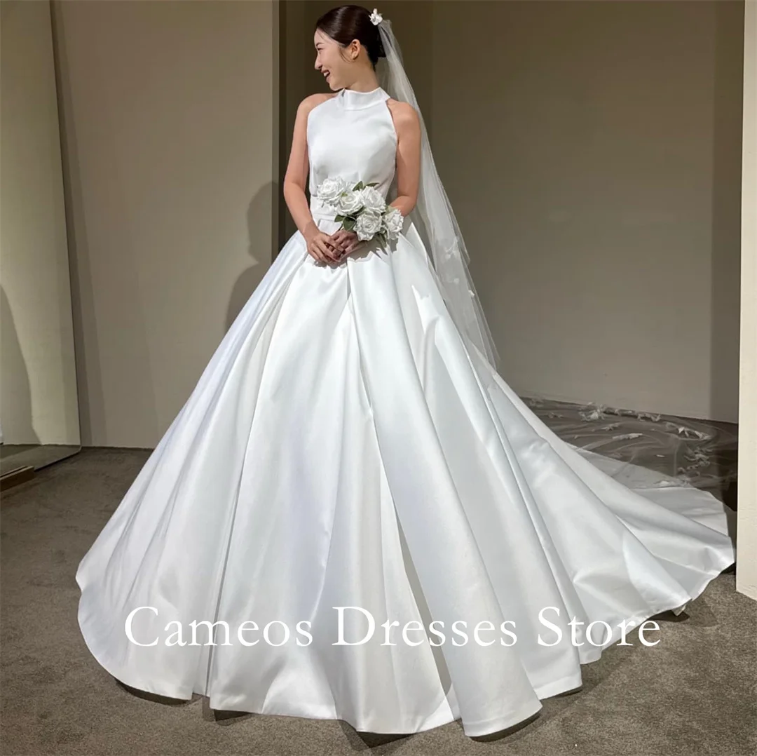 Sondr personalizado alta pescoço vestidos de baile vestidos de casamento simples a linha cetim espartilho coreia vestidos de noiva feminino