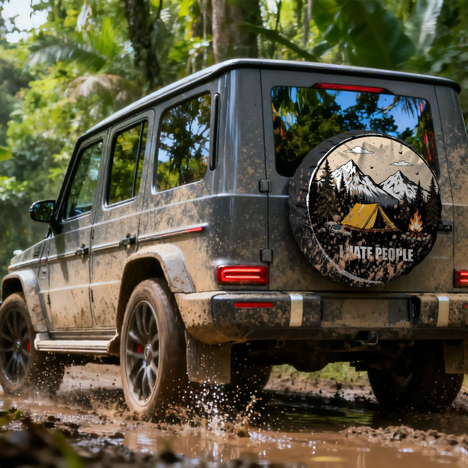 Tire Cover With Camping Scenery Print, Made Of Polyester Fiber, Featuring A Black Background With A Snow-Capped Mountain Tent De