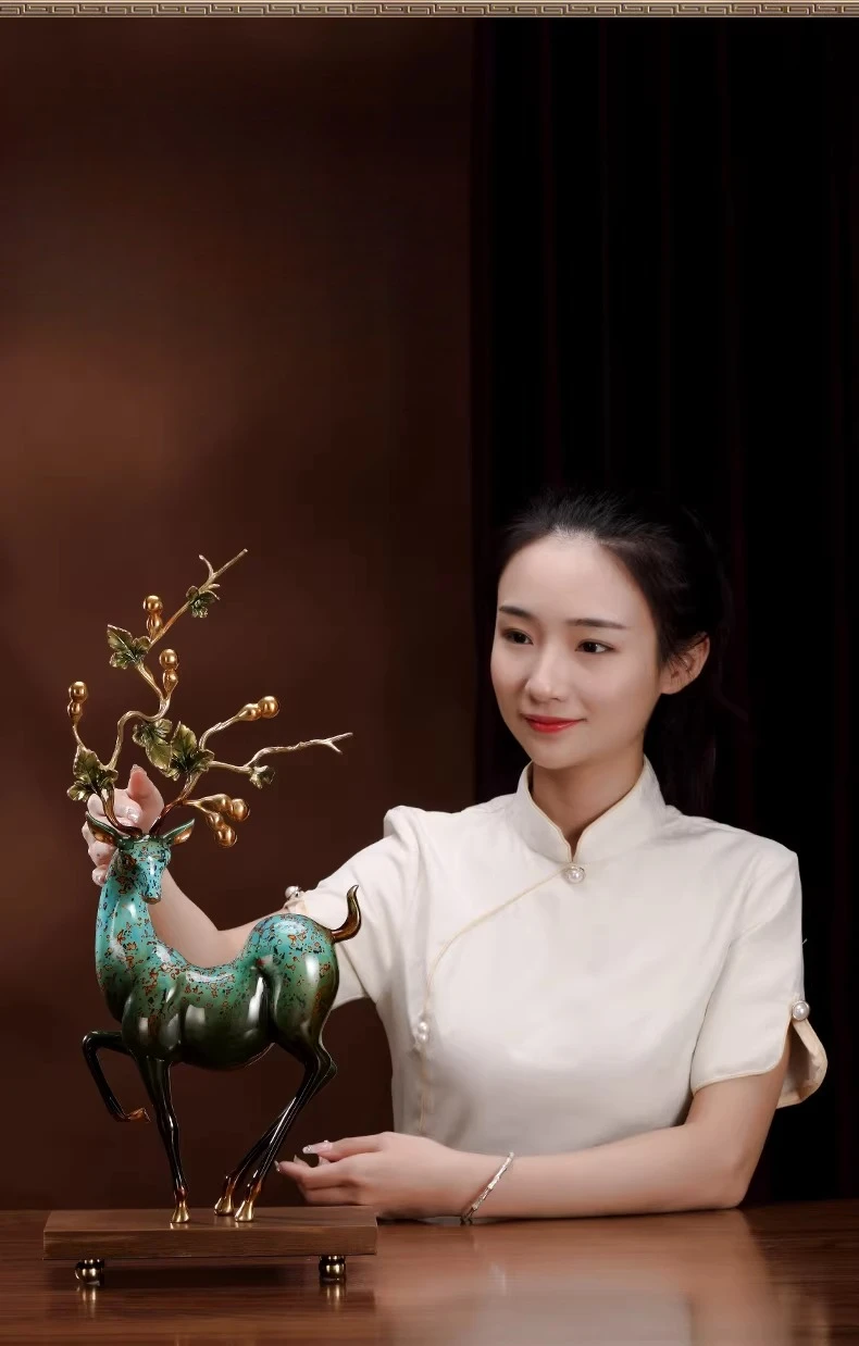 Large lacquer sika deer ornament brass home living room wine cabinet decoration 5