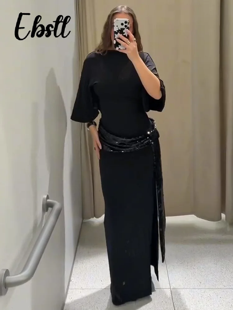 Sexy Pailletten Splitsen Backless Jurken Vrouwen Elegante Korte Mouw O-hals Linten Lange Gewaden 2026 Lente Nieuwe Dames Chic Jurk