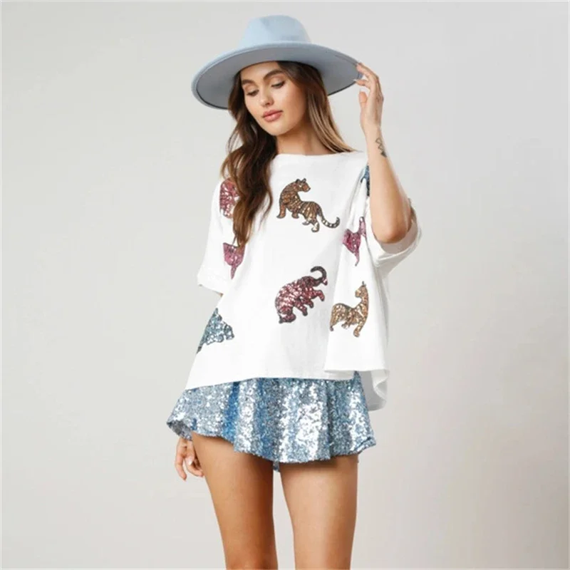 Spring and Summer New Cartoon Tiger Sequin Top Casual Loose Short Sleeved T-Shirt Black White Personalized Street Women's Wear