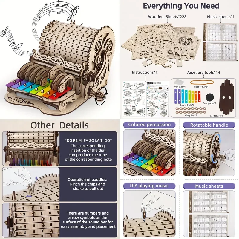 3D Wooden Puzzle Kit Piano Musical Mechanical Music Box Model Wooden Xylophone Toy for Adults & Teens Christmas Birthday Gift