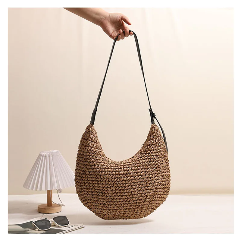 Modische Unregelmäßige Strohtasche Schulterhandtasche Einfarbig Neue Strand-Urlaubstasche für Damen Geflochtene Schultertasche Accessoire – Detail 9