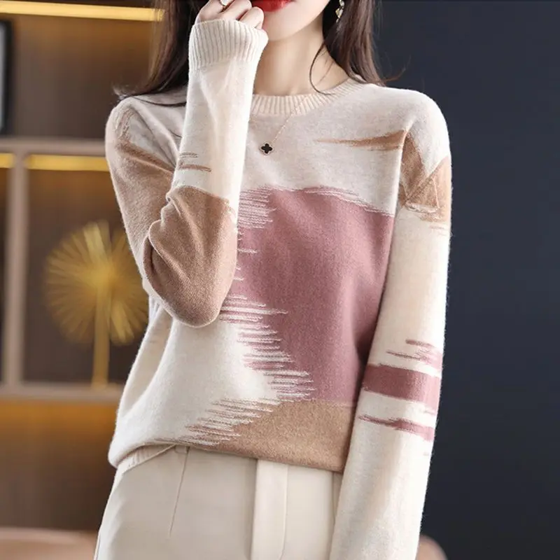 Fashion All-match Contrast Color Round Neck Sweaters Elegant Vintage Long Sleeve Knitted Tops Autumn Winter Women\'s Clothing