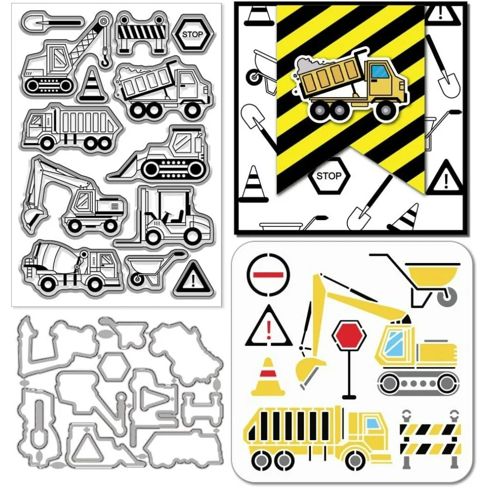 

Engineering Vehicle Clear Stamps Cutting Dies PET Painting Stencils for Card Making Warning Signs Stamp Metal Trolley