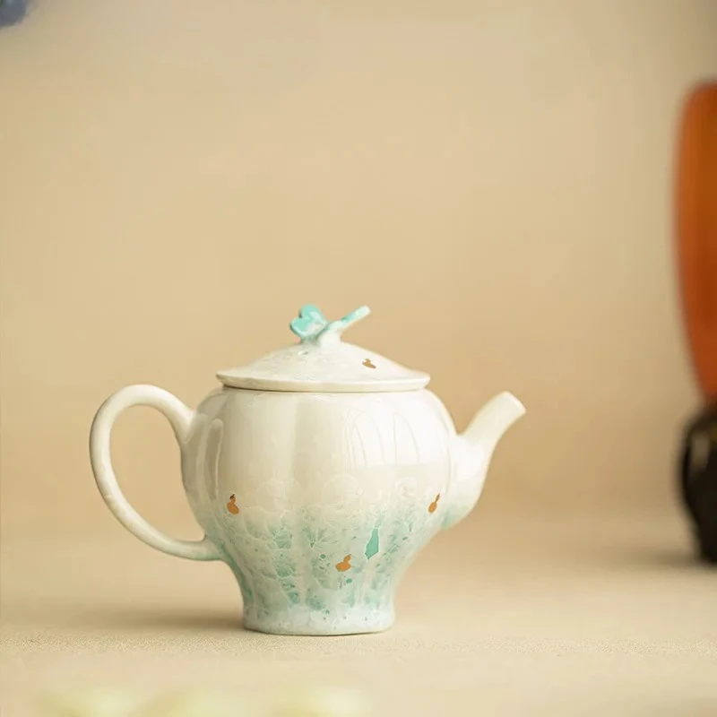 

150ml Crystalline Glaze Gold Pointing High Foot Teapot Aesthetic Tea Infuser Pot Tea Maker Kettle With Ball Hole Teaset Craft
