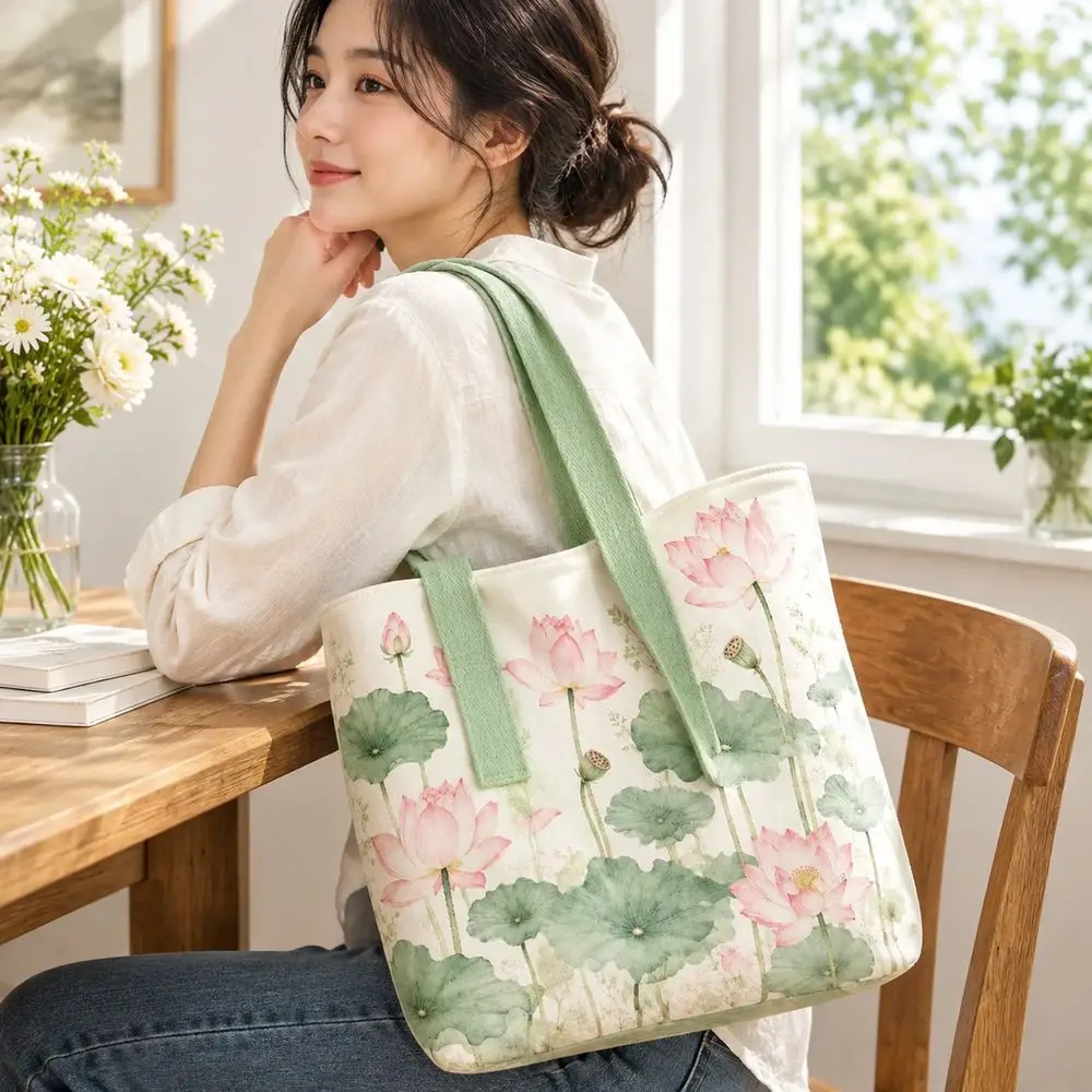 Durable Lotus Print Canvas Bag Large Capacity Reusable Shoulder Bag Lightweight Versatile Tote Bag Daily Outfits