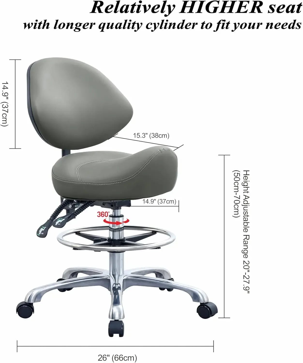 Saddle Chair with Back Support, Height Adjustable Ergonomic Saddle Stool Chair with Wheels for Dental Hygienist,Salon,Es