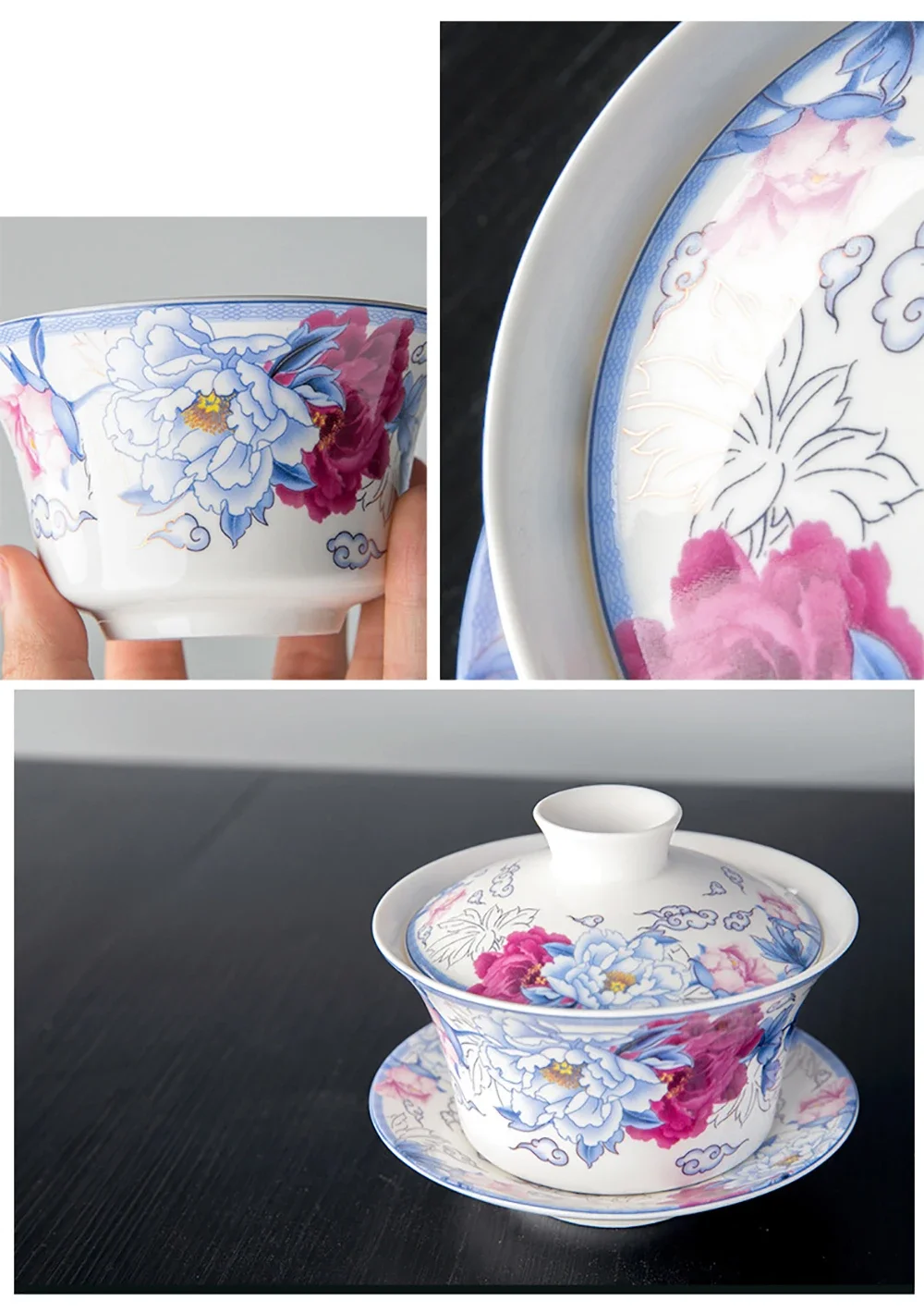 Porcelain Art Bird Tea Tureen, Large Capacity, Ceramic Gaiwan, Flower Tea Bowl with Saucer Lid Kit Master Teaset, Drinkware 350m