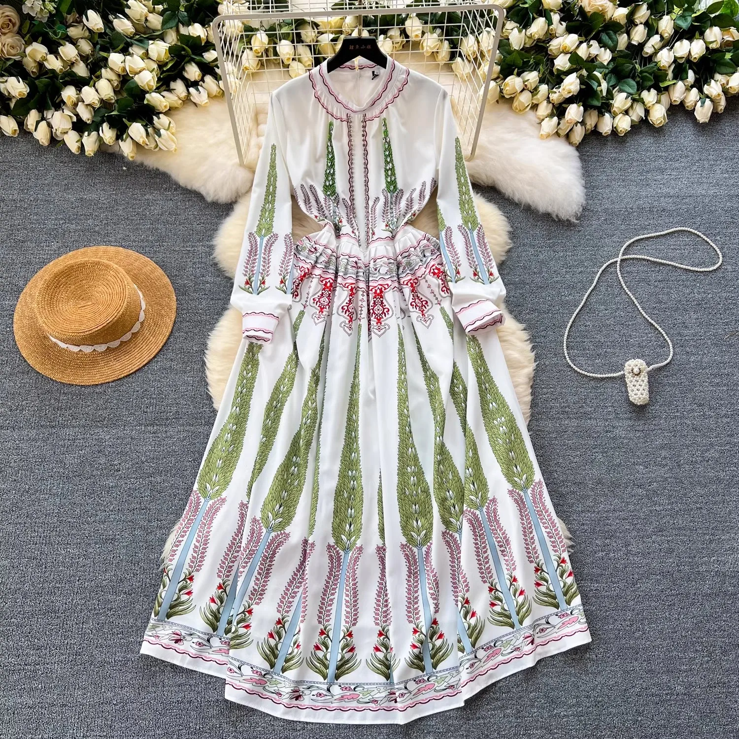 

2024 New Elegant Spring Flower Holiday Midi Pleated Dress Runway Women O Neck Diamonds Beaded Floral Print High Waist Long Dress