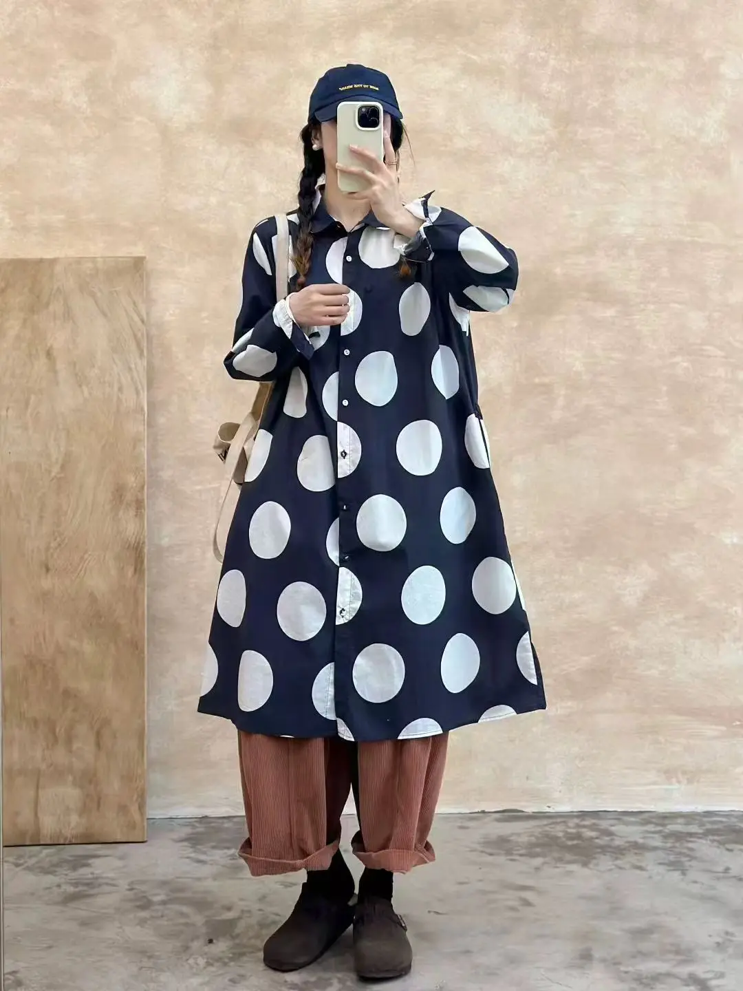 Busto 118cm vestido camisero de algodón puro con estampado de lunares para mujer estilo japonés original otoño azul púrpura vestido de puntos de manga larga