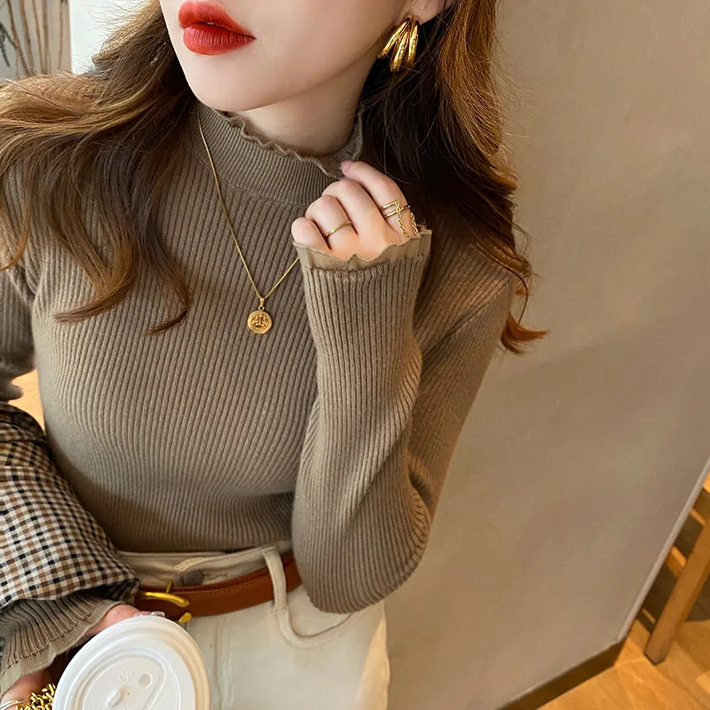 Pull tricoté femmes pulls nouveau à manches longues col à volants tricot pull haut pour femme chandails Sueters De Mujer Q1126