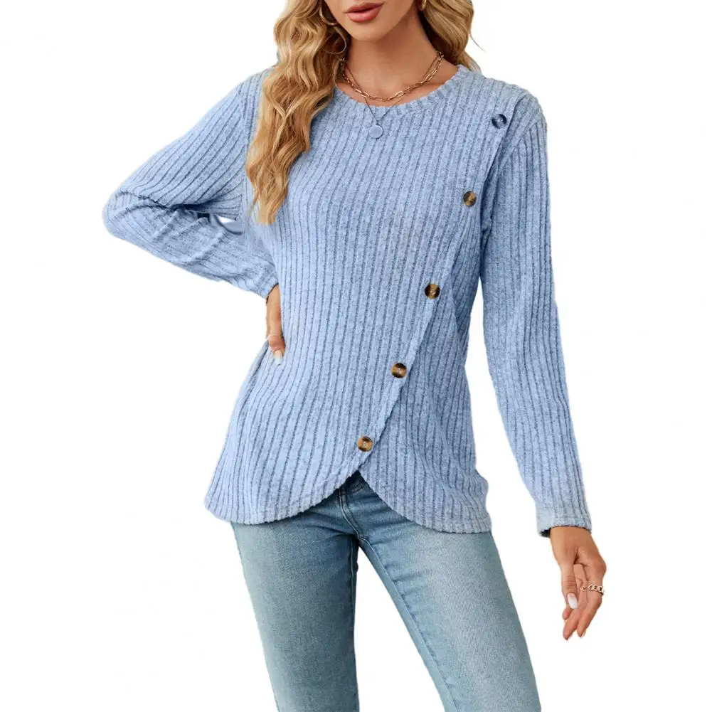 

Elegant Women Sweater Button Decor Round Neck Thick Asymmetric Hem Knitted Elastic Pullover Striped Lady Sweater