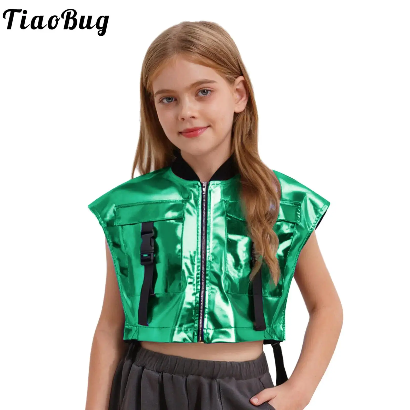 Girls Metallic Shiny Jazz Hip Hop Dance Vest Jacket Streetwear Sleeveless Zipper Coat with Buckle Pockets for Stage Performance