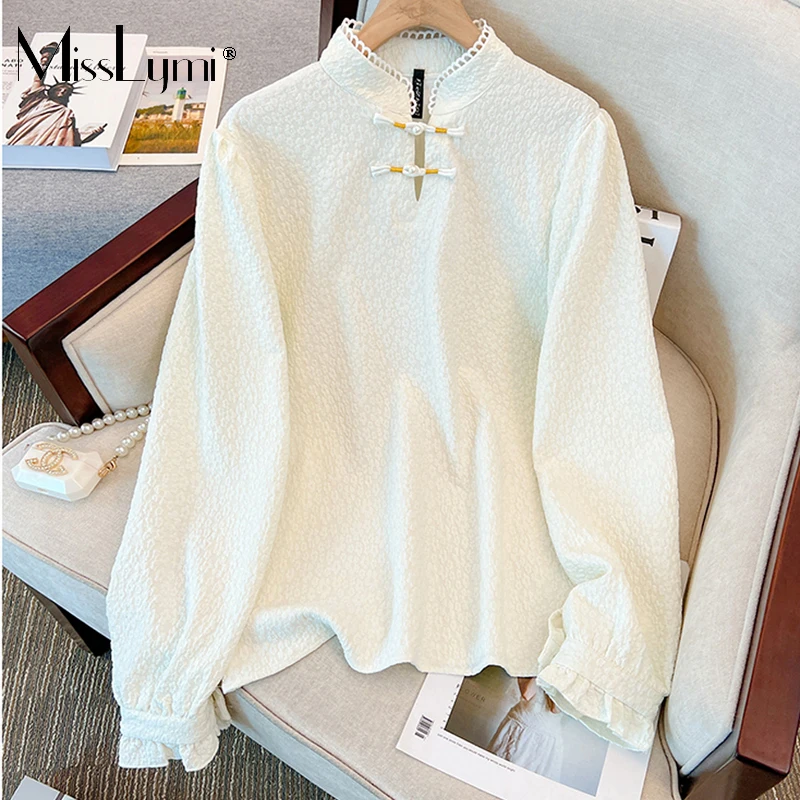 

MissLymi L-4XL Large Size Women's Clothing 2023 New Vintage Chinese Stand Collar White Flowers Jacquard Chiffon Long Sleeve Tops