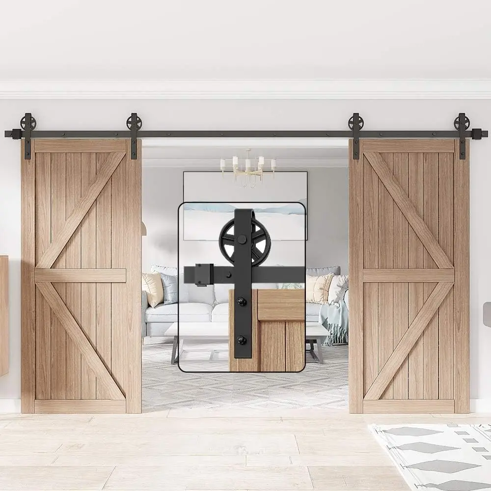 12FT Wood Double Sliding Barn Door Hardware Basic Black Big Spoke Wheel Roller Kit，5-18FT for Choose