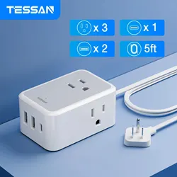 TESSAN Small Flat Plug Power Strip with 3 Outlets +2 USB Ports +1 Type C 6 In 1 Travel Socket with 5ft Ultra Thin Extension Cord