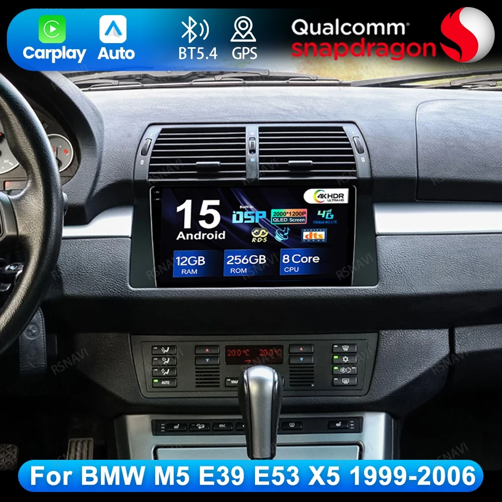 Android 15 para BMW M5 E39 E53 X5 1999-2006 Radio de coche DVD inalámbrico Carplay Auto QLED estéreo Multimedia Viedo Player unidad principal DSP