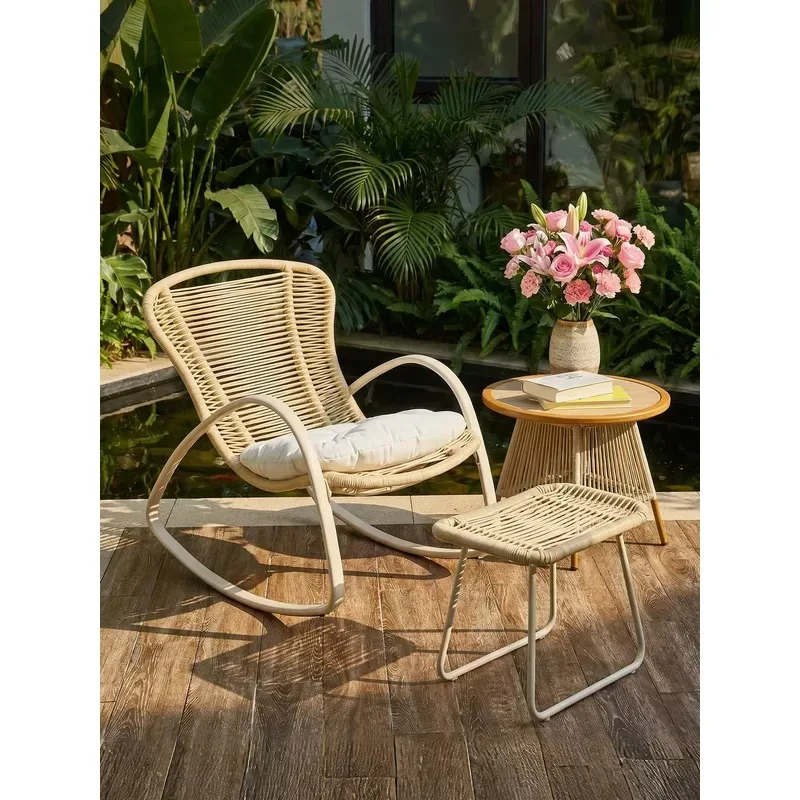 Adult Rattan Rocking Chair Recliner with Backrest Indoor Outdoor Leisure Seat for Balcony Garden Terrace