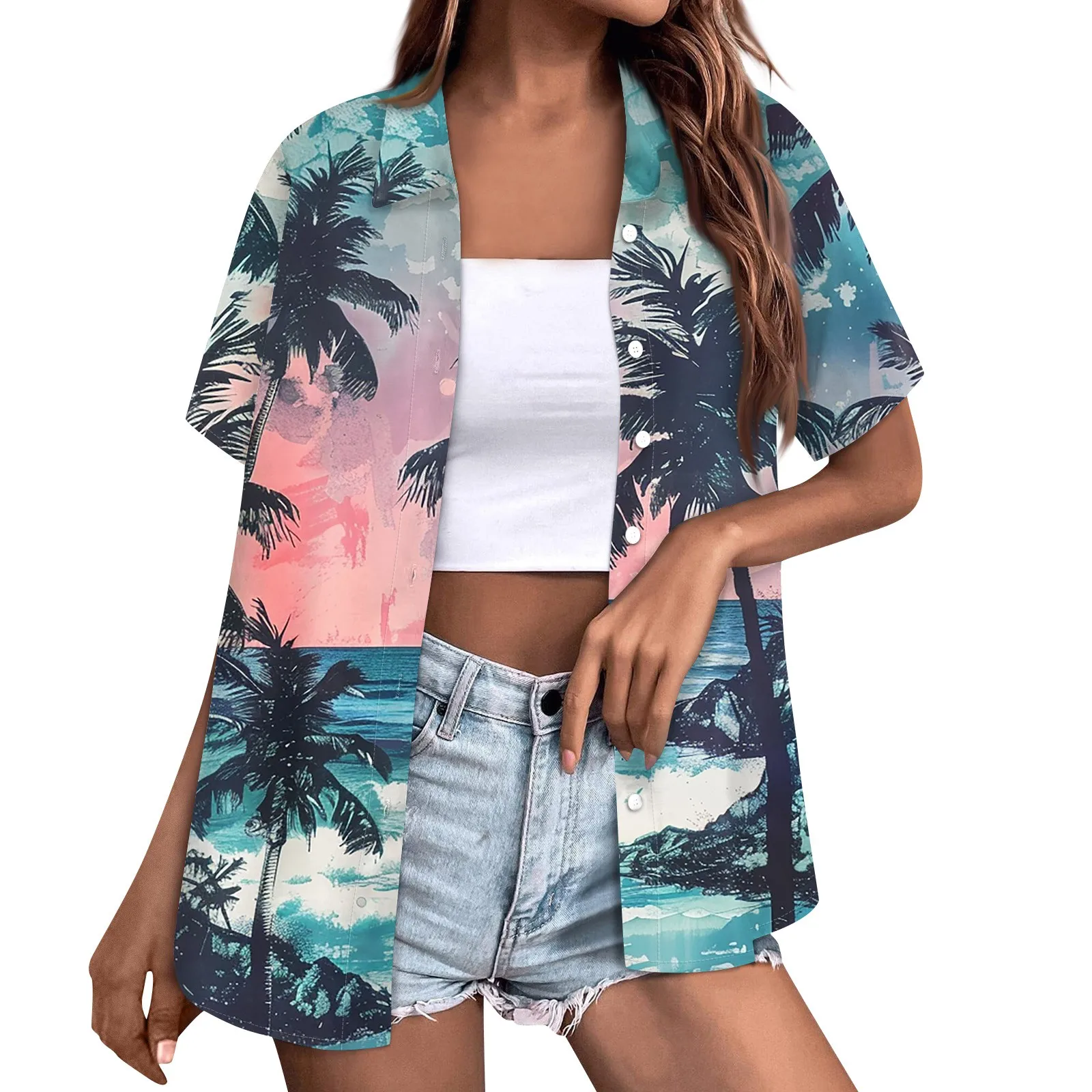 Vintage Women's Shirt Hawaiian Lapel Shirt Summer Holiday Short Sleeve Print Shirts New Oversized Clothing Button Top Blouses