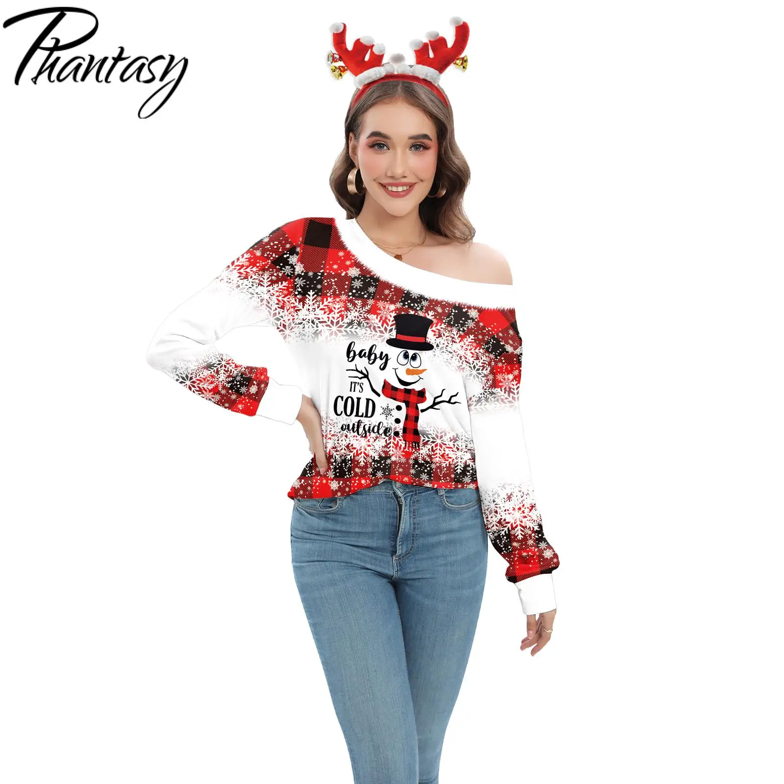 Phantasy Christmas Tops Wpmen Long Sleeved T-Shirt Oblique Shoulder Top Holiday Casual Streetwear Autumn Red O Neck Dress Up