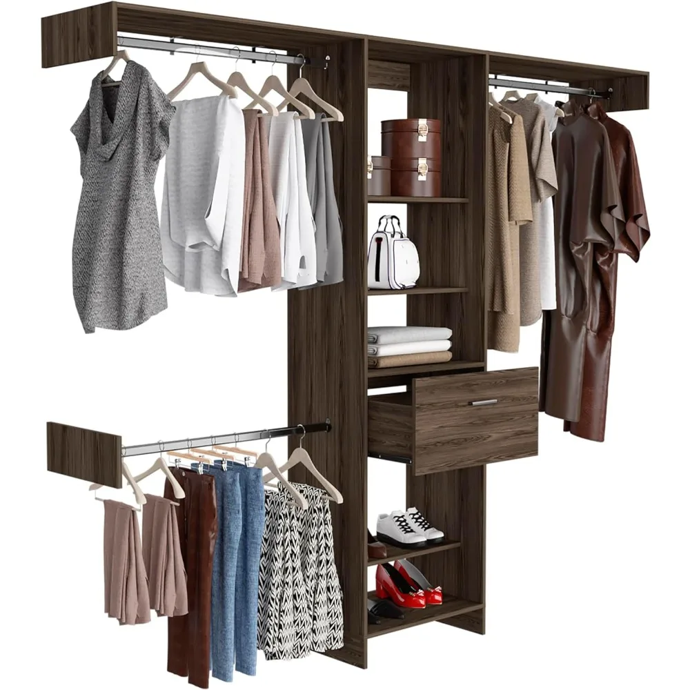 98.4inch Closet System, with Five Open Shelves, One Drawer and Three Metal Rods, Built-In Garment Rack