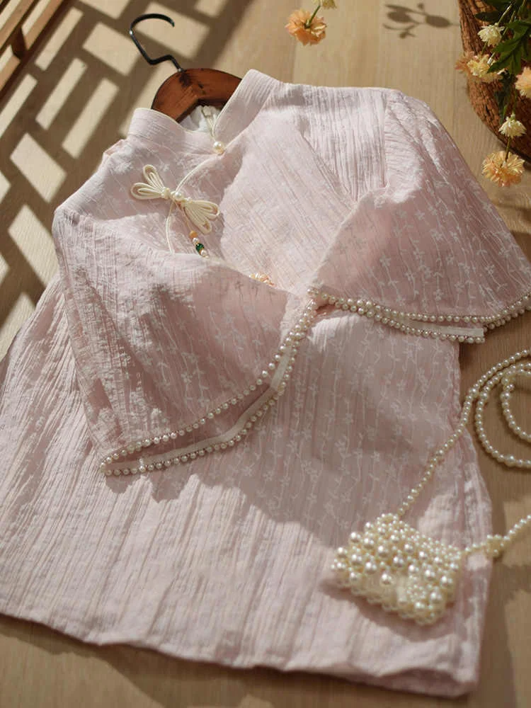 

Новая китайская летняя розовая юбка миди в винтажном стиле с коротким рукавом для свадьбы, элегантная и изысканная