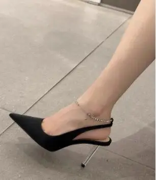 Summer Women White Black Solid Ankle Bling Crystal Rhinestone Pointed Toe Shallow Thin Heels Slingback Sandals Banquet Shoes