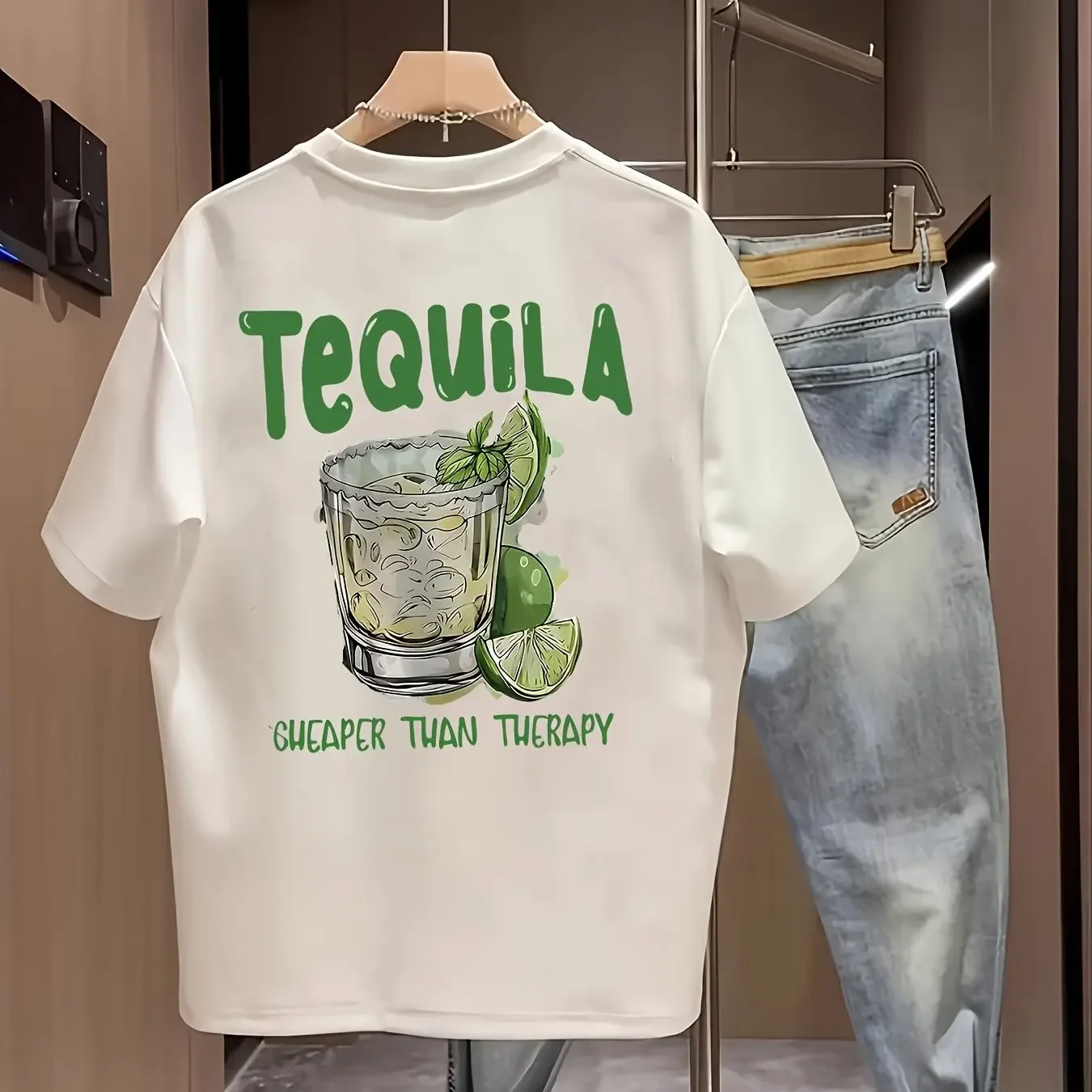 Camisetas Gráficas de Verano para Hombre con Estampado de Tequila y Eslogan Humorístico 'Más Barato que la Terapia', Diseño de Rodaja de Lima, Estilo Urbano, Tops de Algodón