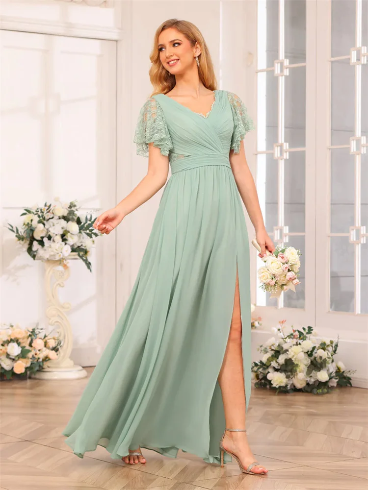 Hot Selling V Neckline Short Sleeves A-Line Chiffon Bridesmaid Dress Open Back Zipper High Slit Gowns For Wedding Guests 2024