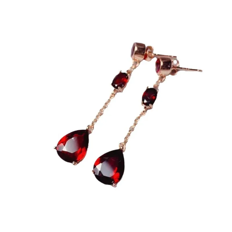 Classic Luxury Ruby Earrings for Women Long Tassel Water Droplet Red Gem Drop Earings Chinese Style Banquet Wedding Jewelry