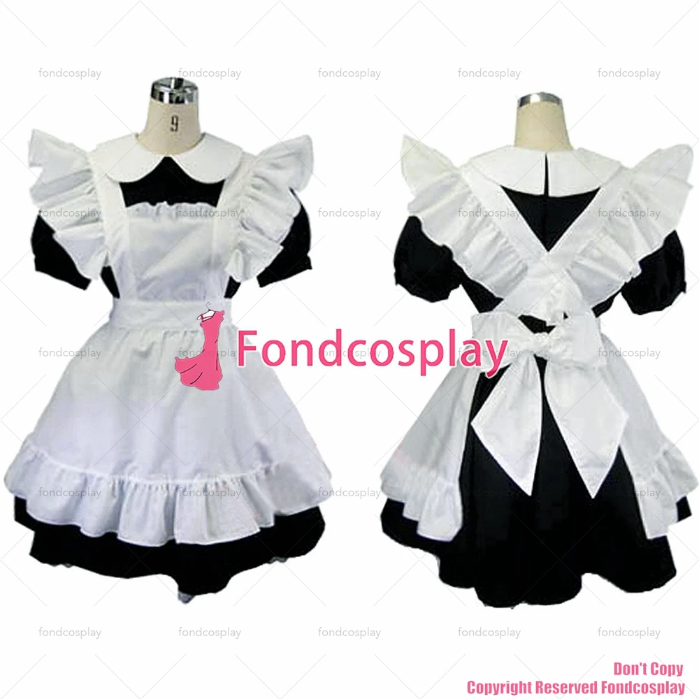 fondcosplay adult sexy cross dressing sissy maid Dress Lockable black Cotton Uniform white apron Costume CD/TV[CK005]