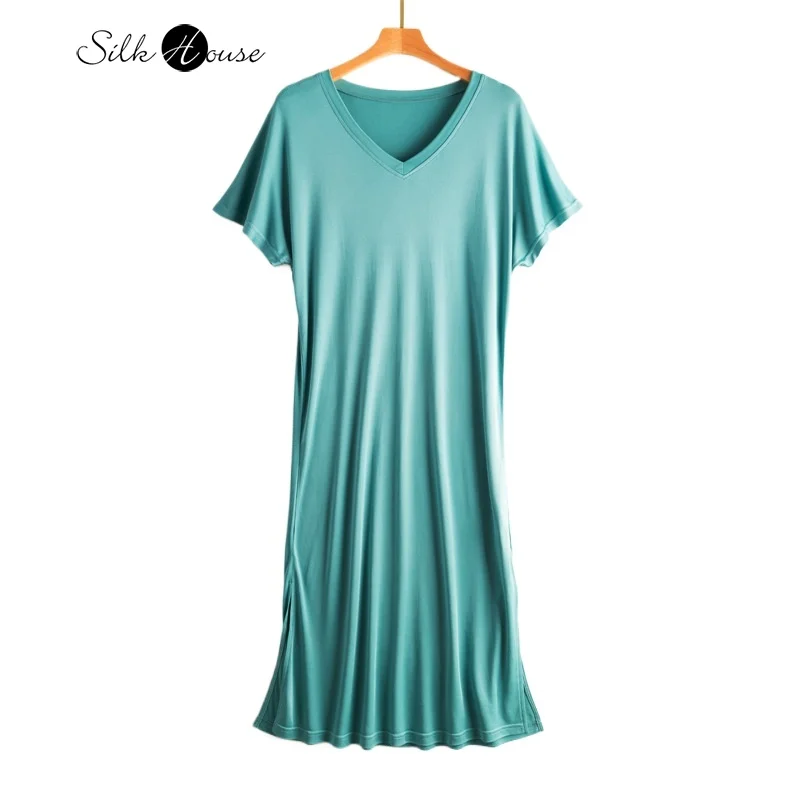 

Women's Casual Summer New 23% Natural Mulberry Silk Side Slit V-neck Loose Shoulder Short Sleeved Solid Color Base Knitted Dress